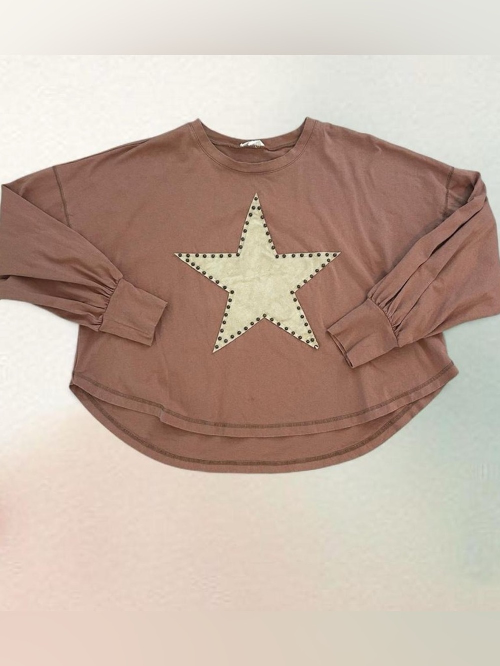 Hippie Western Boho Easel Long Sleeve Embroidered Star Burnt Orange Top Size M